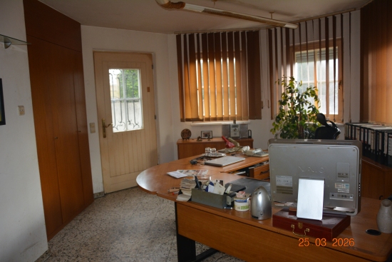 Büro mit Schreibtisch, Computer, Pflanzen und Aktenschränken