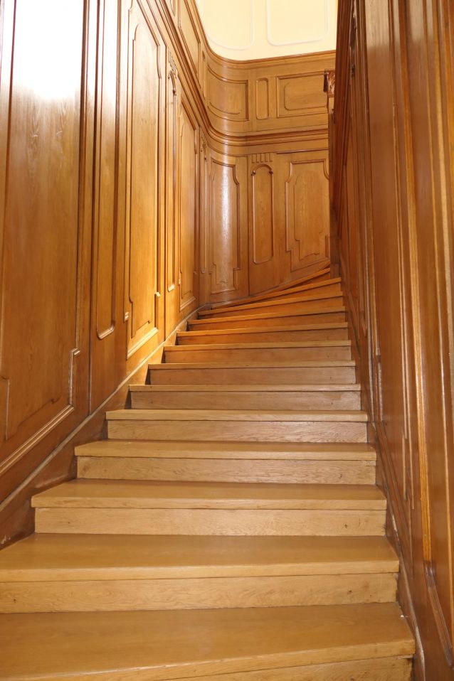Holztreppe mit geschwungenem Geländer in einem historischen Gebäude