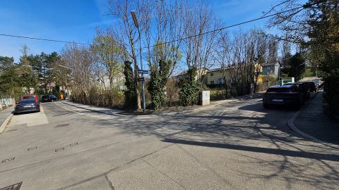 Kreuzung am Steinhofgründe in Wien mit parkenden Autos und Bäumen