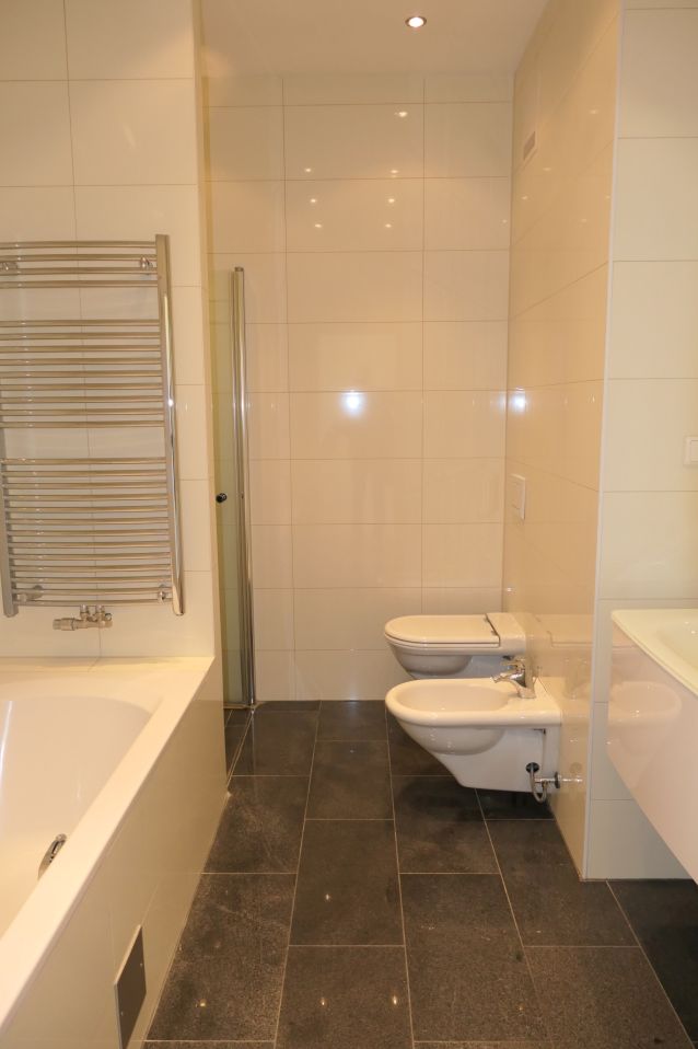 Badezimmer mit Wanne, Dusche, WC und Bidet auf dunklem Fliesenboden