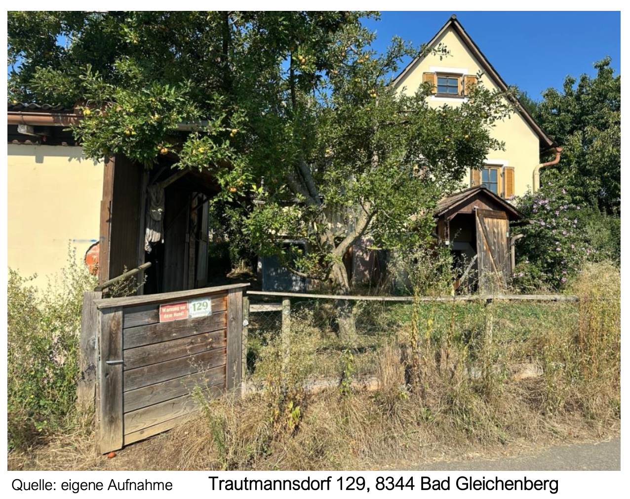 Trautmannsdorf 129, Bad Gleichenberg: Gelbes Haus mit Obstbaum und Holzhütte