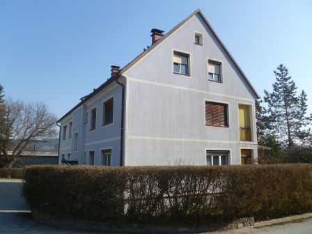 Einfamilienhaus in Hellblau mit Hecke und Bäumen vor strahlend blauem Himmel