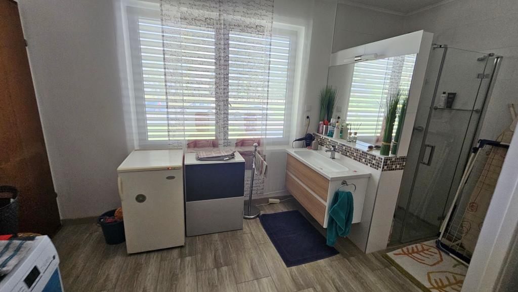 Badezimmer mit Waschbecken, Dusche und Waschmaschine in einem Haus in Österreich.