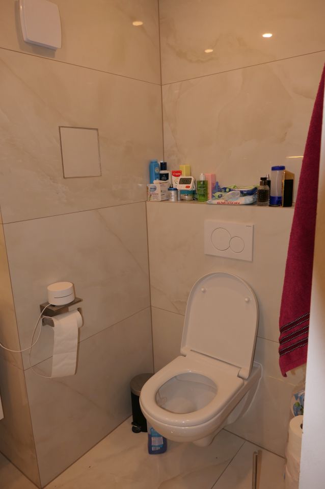 Toilette mit offenem Deckel und Kosmetikartikeln auf einem Regal in einem Badezimmer