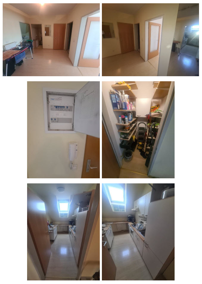 Stromverteilerkasten mit Klingelanlage und Vorratskammer mit Regalen und Reinigungsutensilien