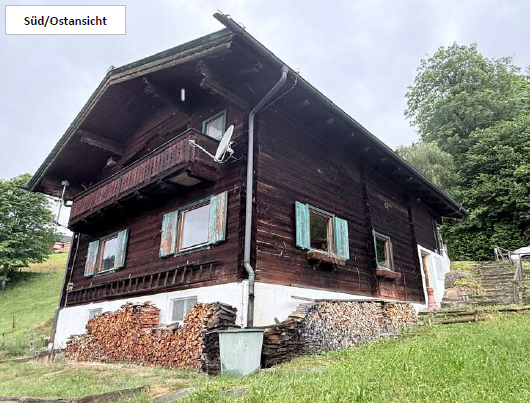 Holzhaus Süd/Ostansicht mit Holzstapeln und Treppe im Grünen