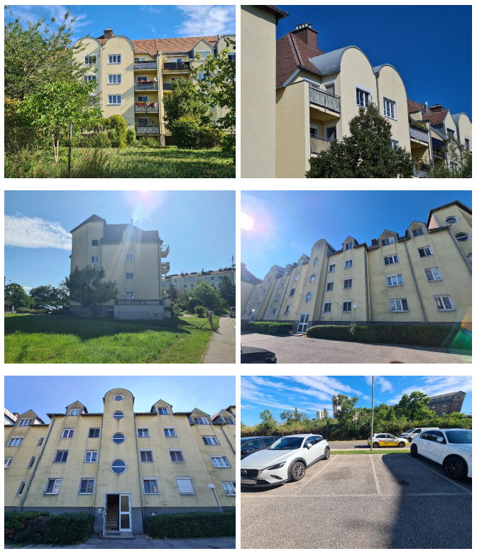 Wohnhausanlage in Wien mit gelber Fassade und Rundbogenfenstern