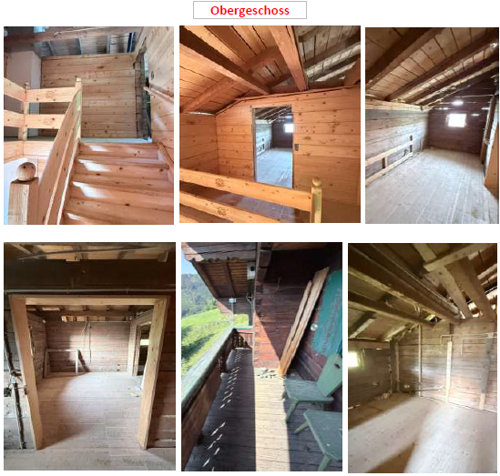 Holzstiegenhaus und Räume eines alten Hauses im Obergeschoss