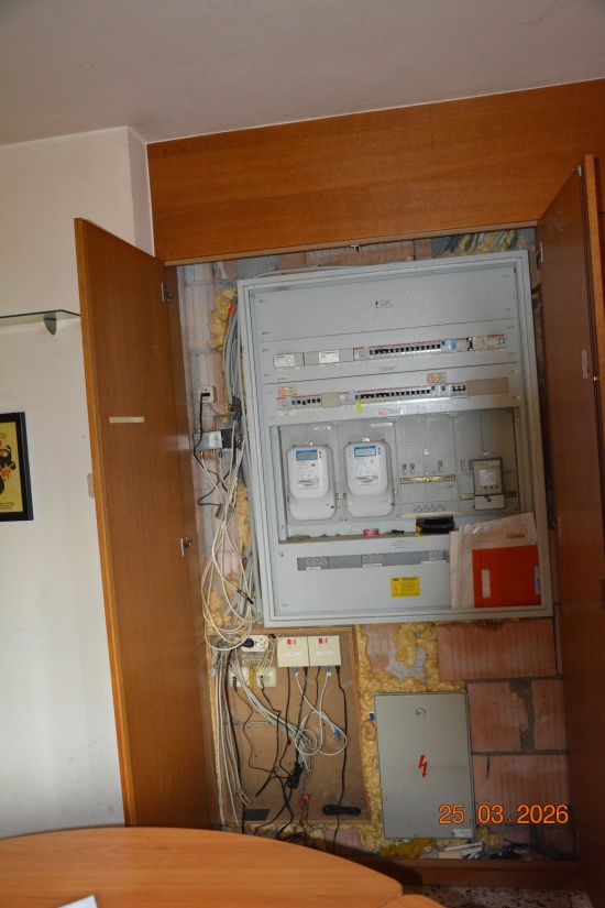 Sicherungskasten mit Stromzählern in einem offenen Schrank in Österreich