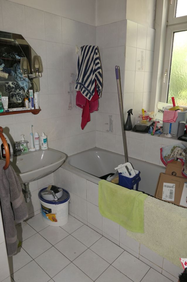 Badezimmer mit Waschbecken, Badewanne und Putzmitteln, Wien