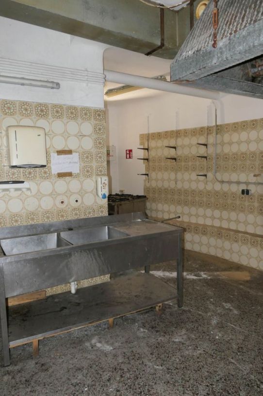 Industrieküche mit Doppelspülbecken, Gasherd und Wandfliesen mit Muster