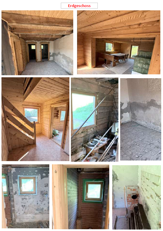 Erdgeschoss: Holzhäuser mit Renovierungsarbeiten, Treppen und Fenstern