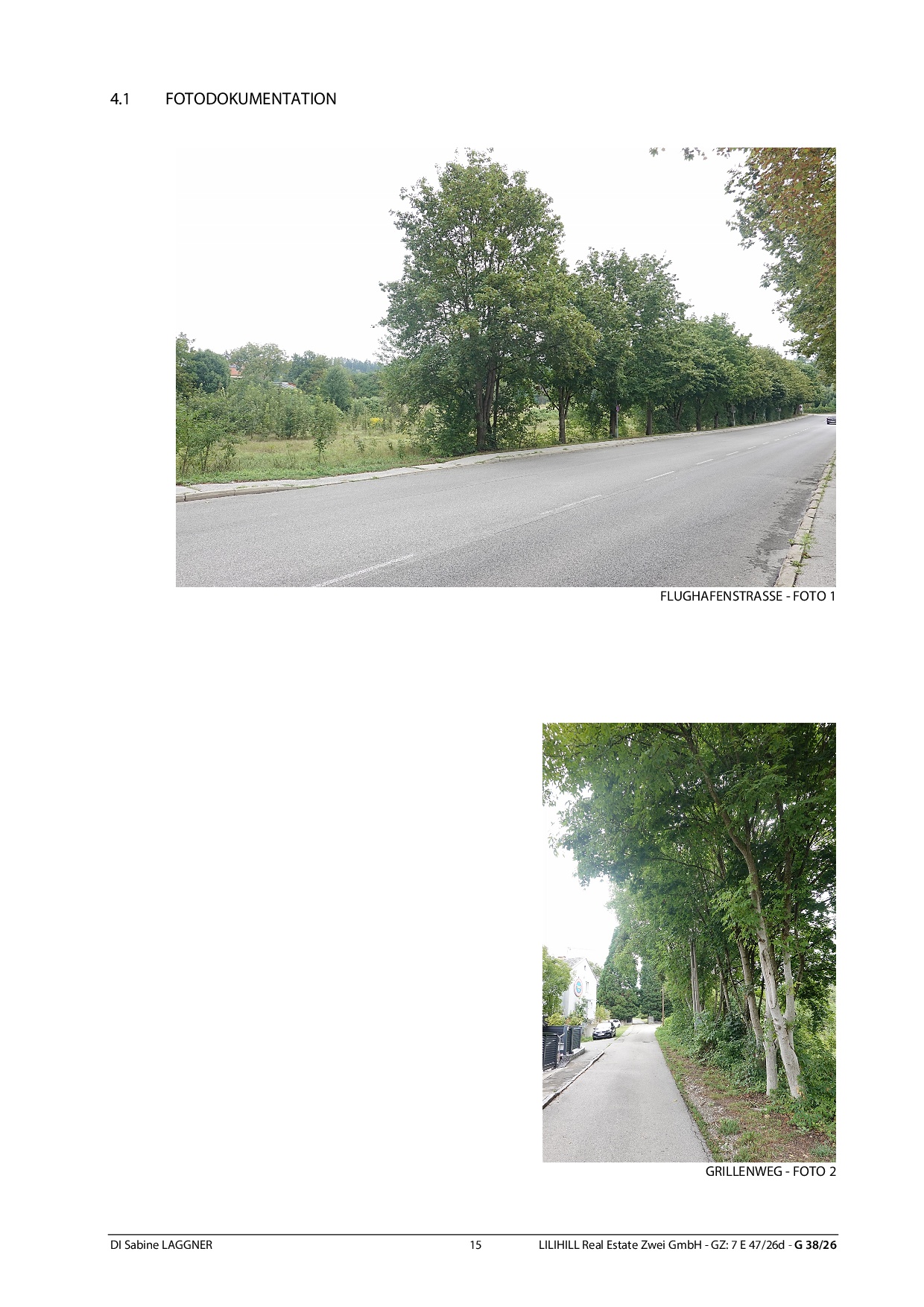 Flughafenstrasse in Wien mit Bäumen gesäumter Asphaltstraße und Grünfläche.