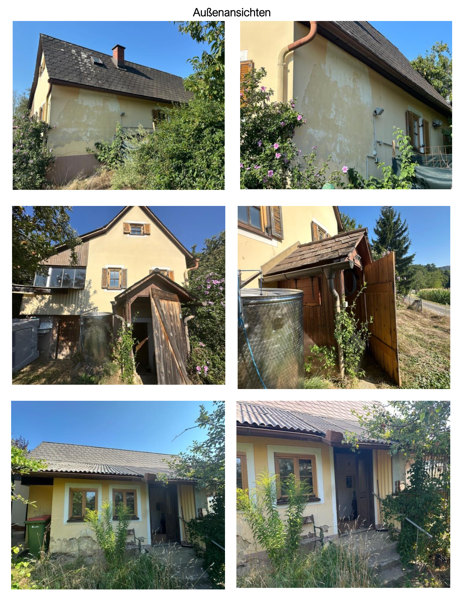 Außenansichten eines gelben Hauses mit verputzter Fassade und Holzschuppen