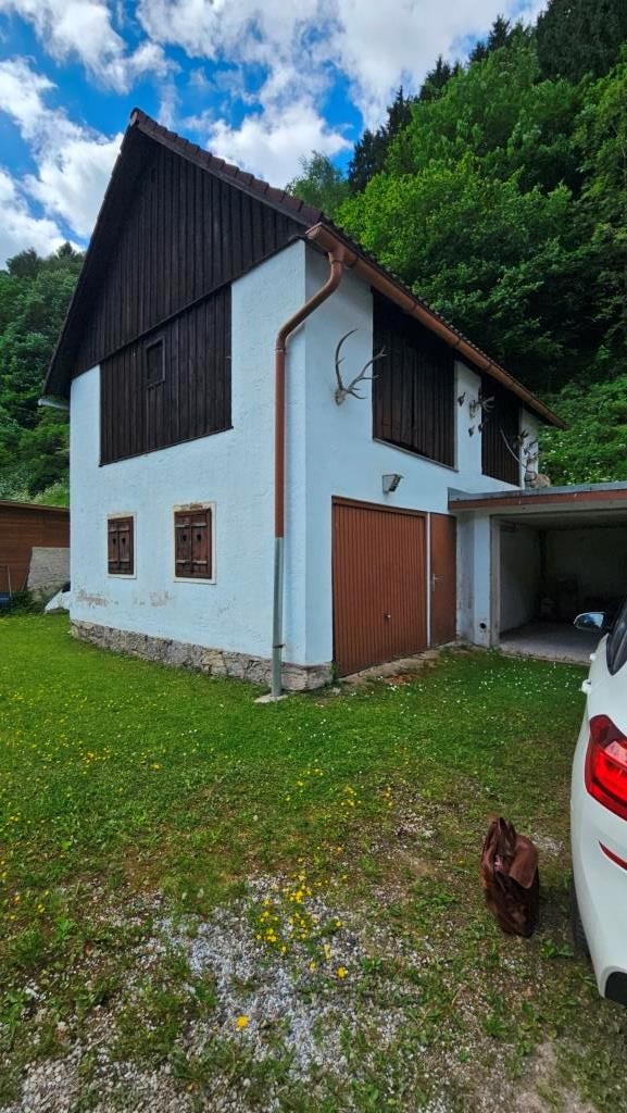 Jagdhaus mit Geweihschmuck und Carport im Grünen