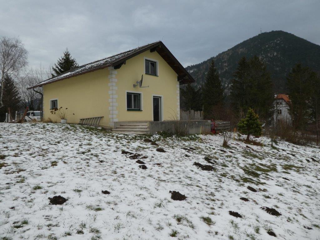Gelbes Haus mit Leiter und Schneefeld vor bewaldetem Berg