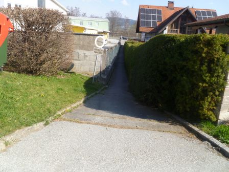 Weg mit Hecken und Mauer, rechts Haus mit Solaranlage, links Wohnhaus