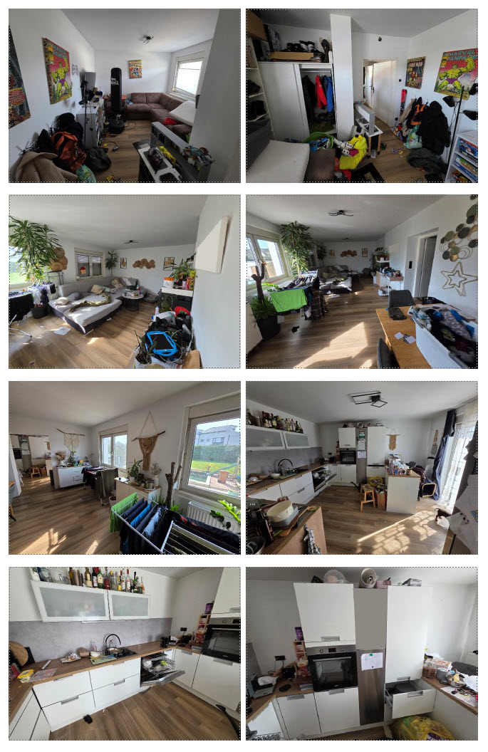 Wohnung in Wien: Wohnzimmer mit Couch, Kleiderschrank und Küche