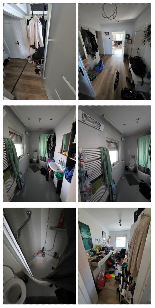 Flur, Badezimmer und Arbeitszimmer mit viel Krimskrams und Kleidung