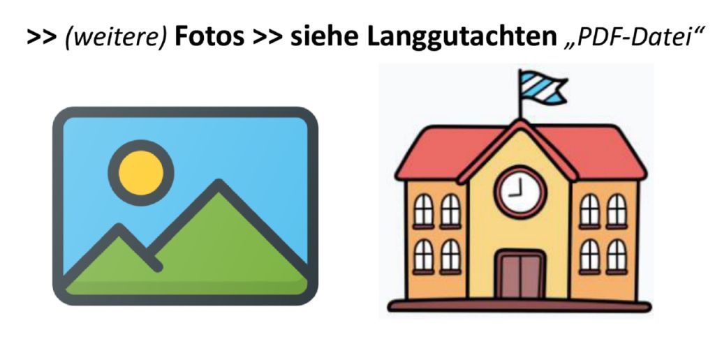 Schulgebäude mit Uhr und Fahne neben Landschaftsbild