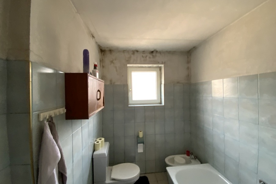 Badezimmer mit Schimmelbefall an der Decke, Toilette und Waschbecken