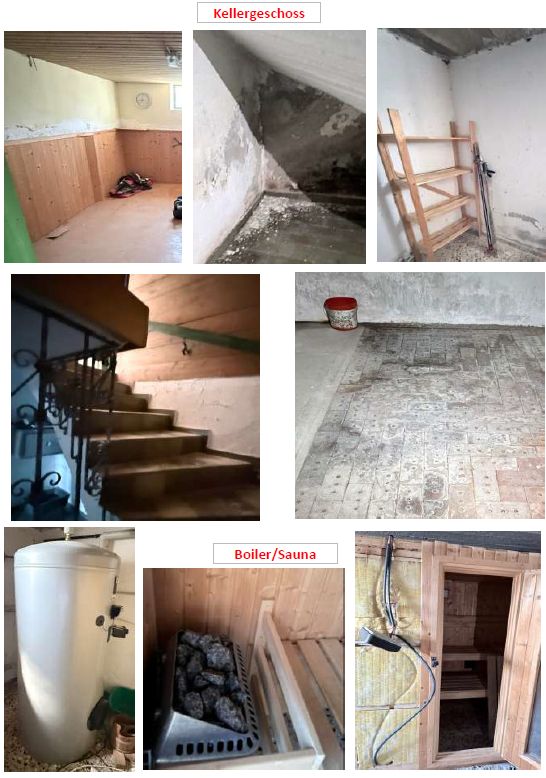 Kellergeschoss mit Boiler und Sauna: Holzwand, Heizkörper, Treppe, Mauern, Regal
