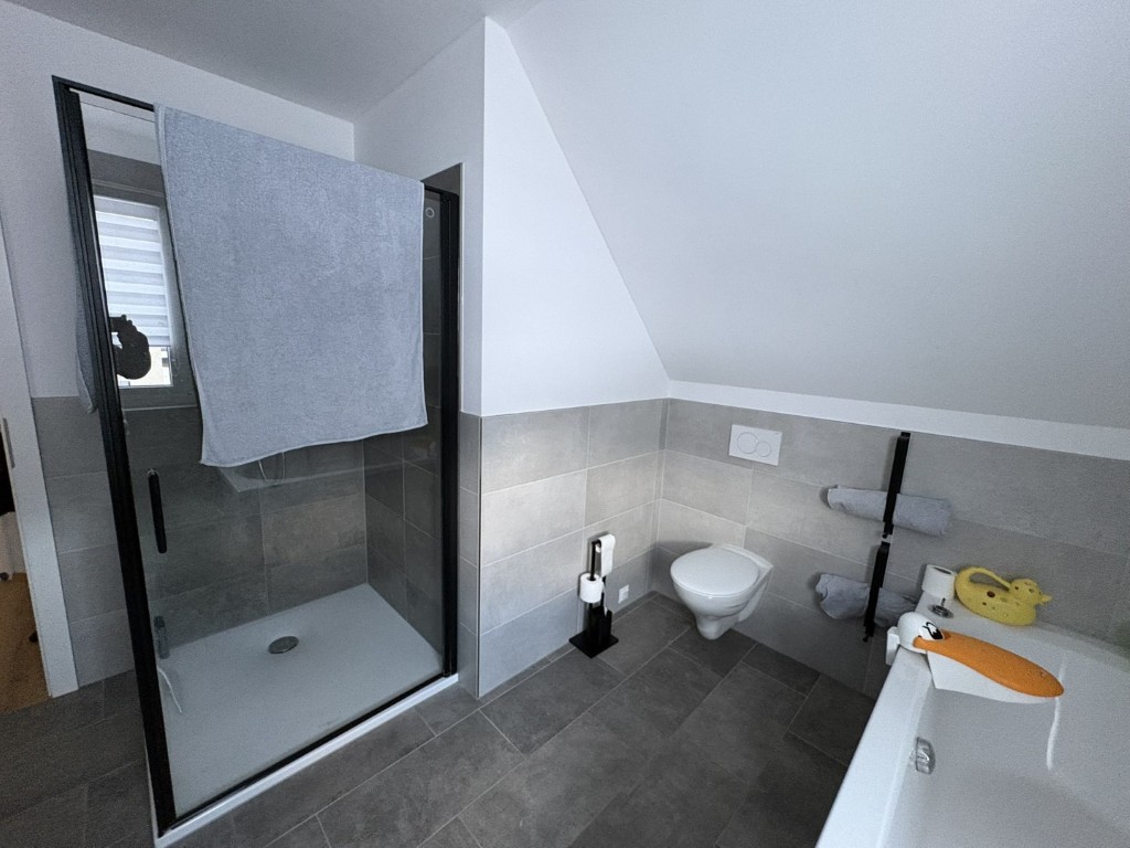 Badezimmer mit Dusche, Toilette und Badewanne mit Spielzeug in Österreich