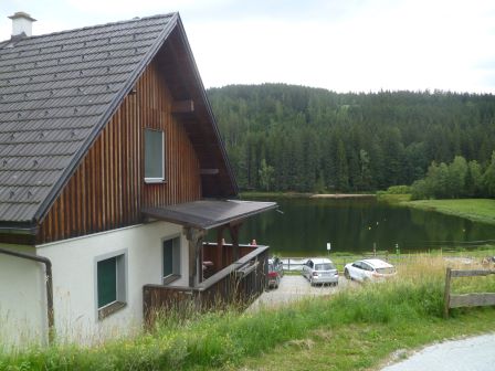 Holzhaus mit Seeblick und Wald im Hintergrund, Steiermark