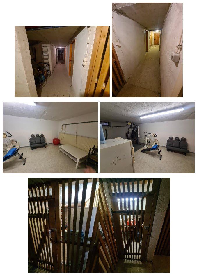 Kellerflur mit Türen, Fitnessraum mit Geräten und Holztor mit Latten.