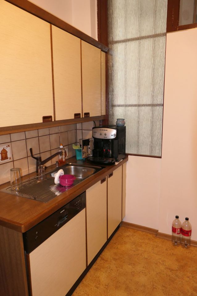 Küche mit Spüle, Kaffeemaschine und Geschirrspüler, zwei Cola-Flaschen im Raum