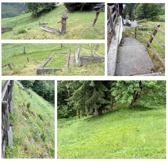 Bauernhof-Garten mit Holztrog und Vogelhaus in Bergregion