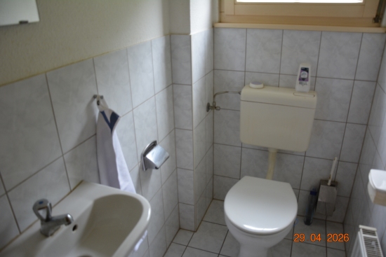 WC und Waschbecken in einem gefliesten Badezimmer mit Handtuch und Bürstengarnitur