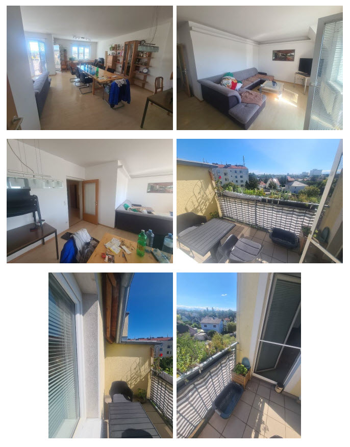Wohnung mit Essbereich, Wohnzimmer und Balkon mit Blick über Wien