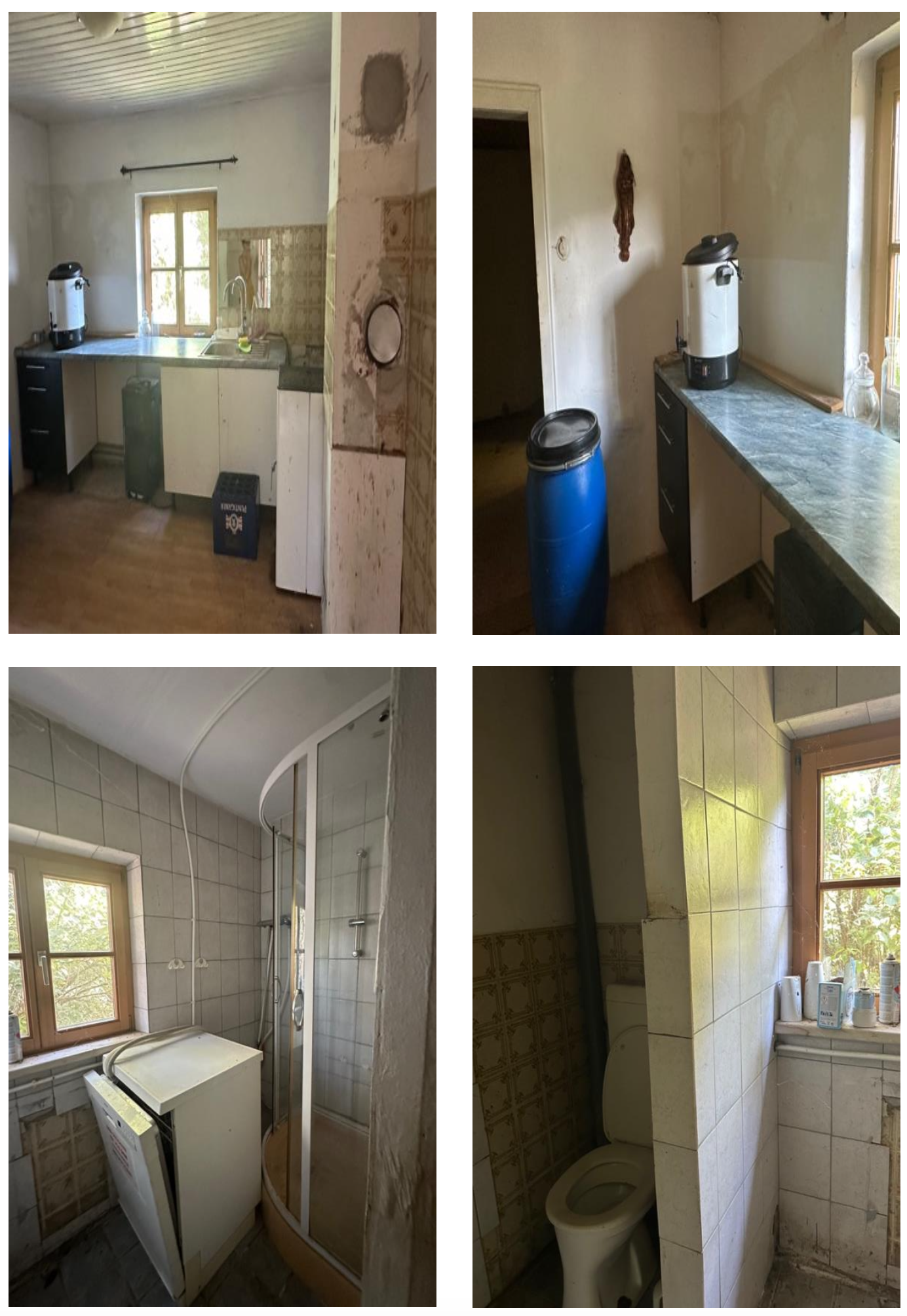 Badezimmer und Küche in einem renovierungsbedürftigen Zustand