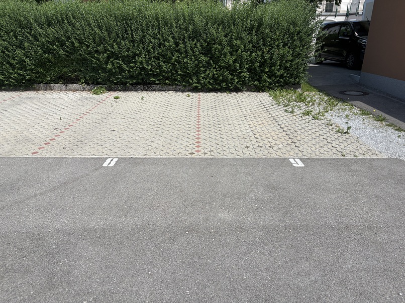 Parkplatz mit nummerierten Stellplätzen und Hecke