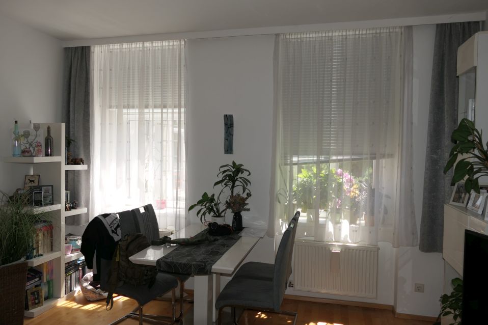 Esszimmer mit zwei Fenstern, Tisch und Sesseln, Regal mit Dekoartikeln