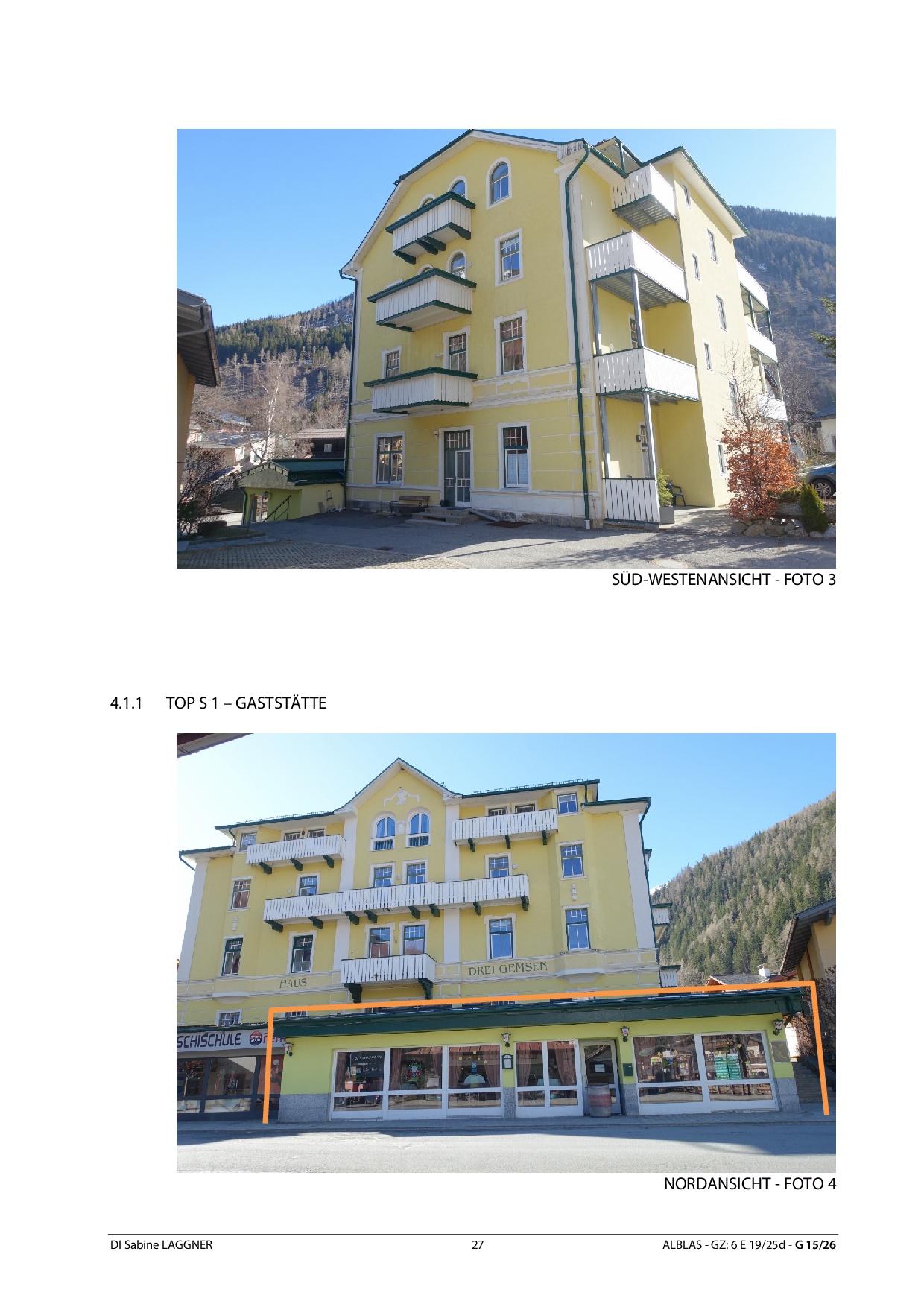 Gelbes Gebäude mit Balkonen und Gastronomie im Erdgeschoss in Alblass.