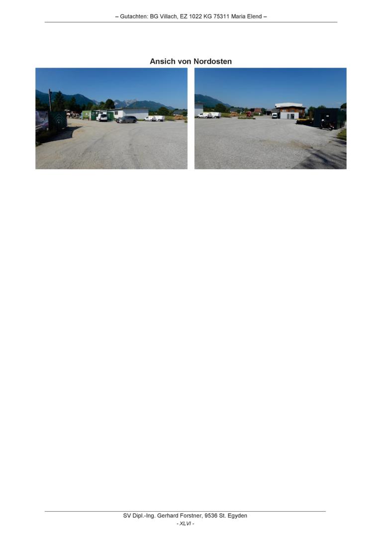 Zwei Ansichten des Geländes mit Gebäuden und Fahrzeugen in Maria Elend, Kärnten.