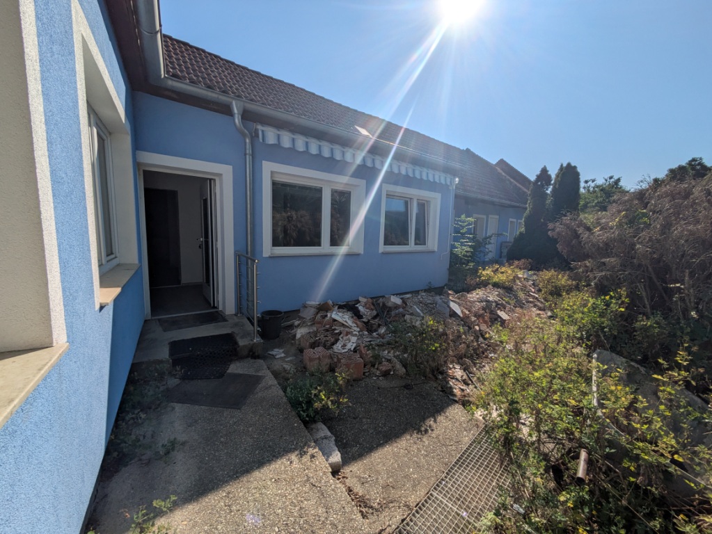 Blaues Haus mit Bauschutt und verwildertem Garten bei Sonnenschein