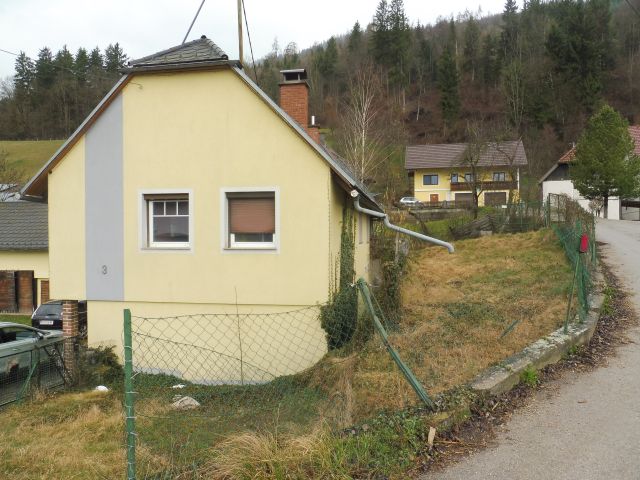 Gelbes Haus mit Garage und Vorgarten in ländlicher Umgebung