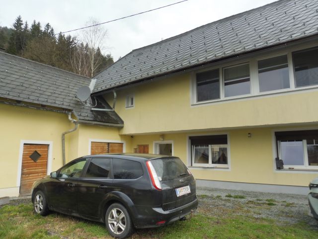 Schwarzer Kombi vor gelbem Haus mit Holztüren und Wald im Hintergrund.