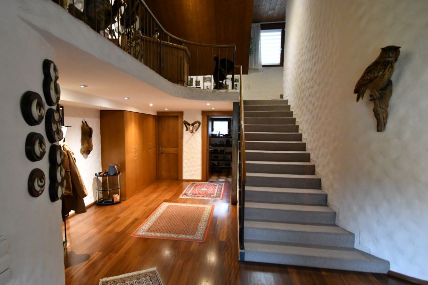 Eule als Jagdtrophäe an einer Wand im Flur mit Treppe