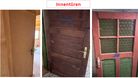 Innentüren: Holz- und Glastüren mit blauen Markierungen und goldenen Griffen