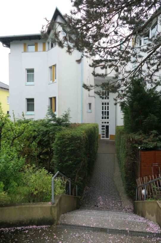Wohnhaus mit gepflastertem Weg und Treppe, umgeben von grünen Hecken